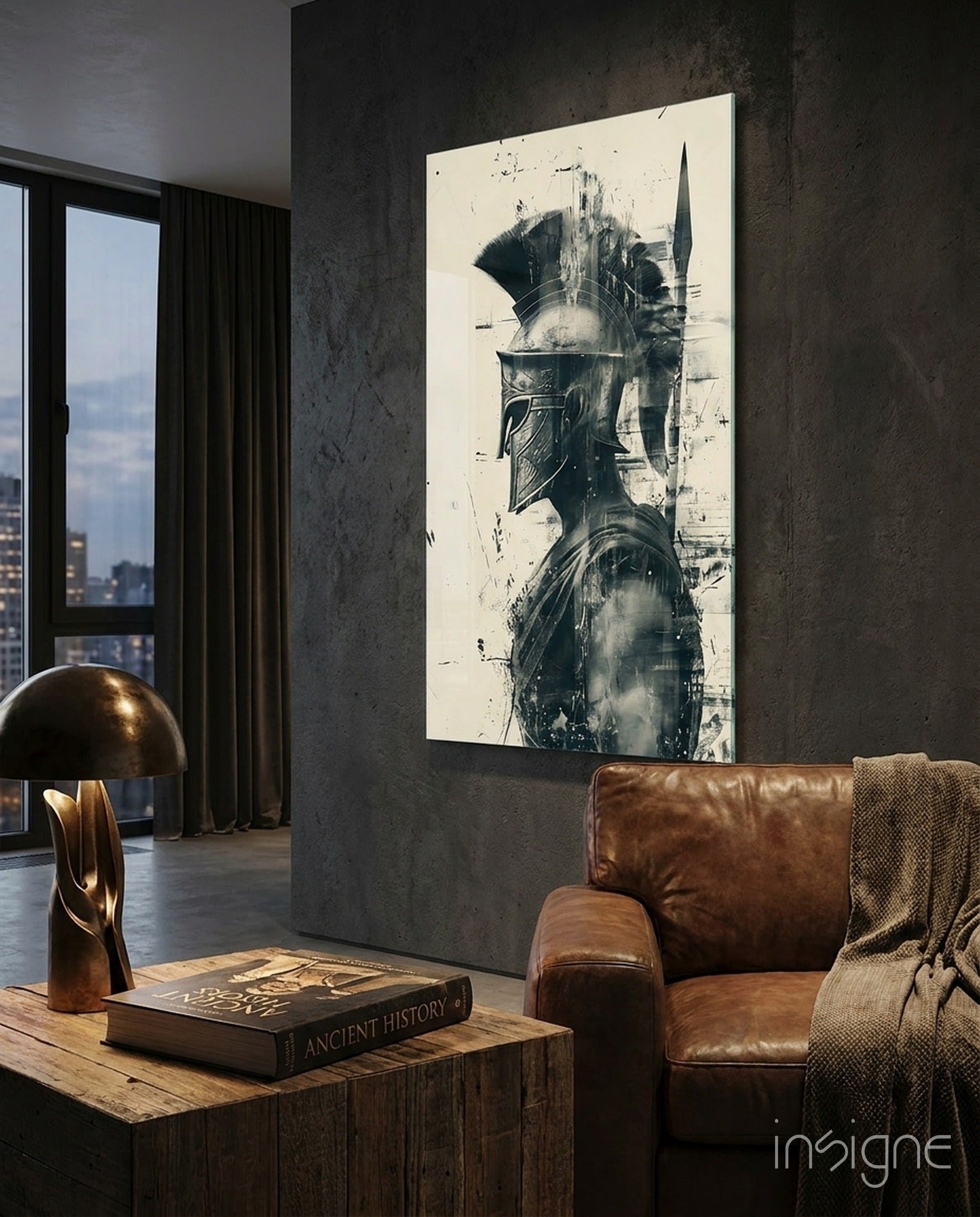 Monochrome Ink Spartan Helmet Glass Wall Art