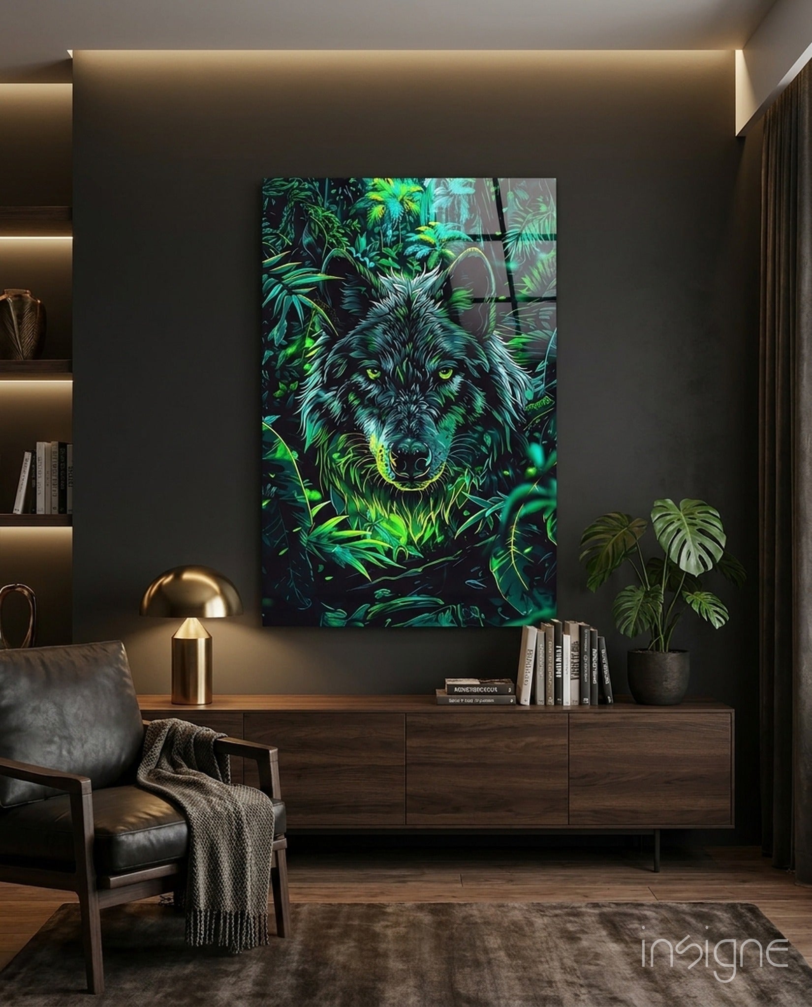 Tropical Foliage Portrait Wolf Glass Wall Art
