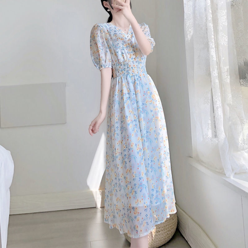 V-neck Chiffon Floral Dress Women Spring Summer Fairy Long Dresses Female