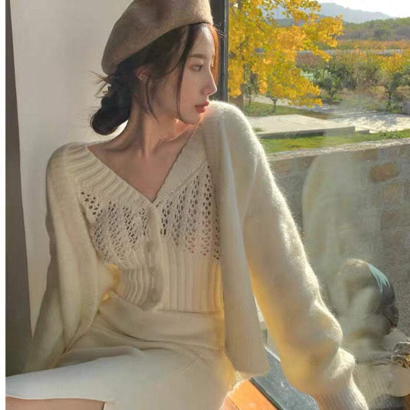 Women Hollow Sweater Cardigan Outerwear V Neck Button Knitted Tops Jackets
