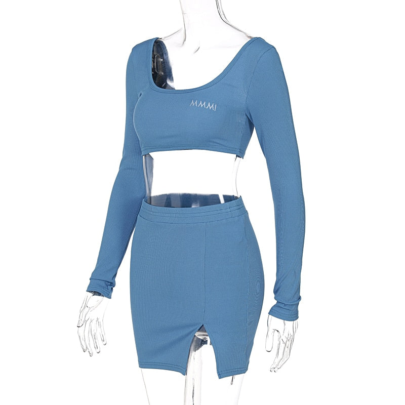Long Sleeves Solid Navel Low Neck Bodycon Top Sexy Mini Dress Set