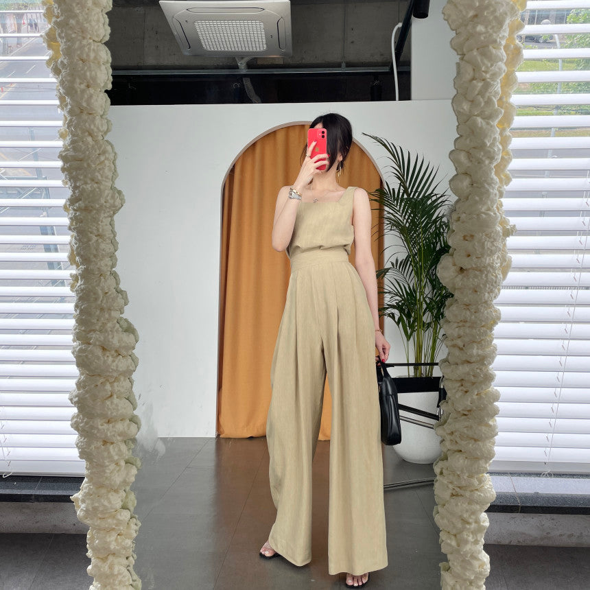 Office Ladies 2-Piece Women Square Neck Loose Vest Top + High Waist Pleated Wide Leg Pants