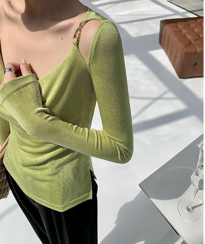 Sexy Swing Collar Cropped Tops Women Autumn Metal Design Skinny Long Sleeve T-Shirt Outwear