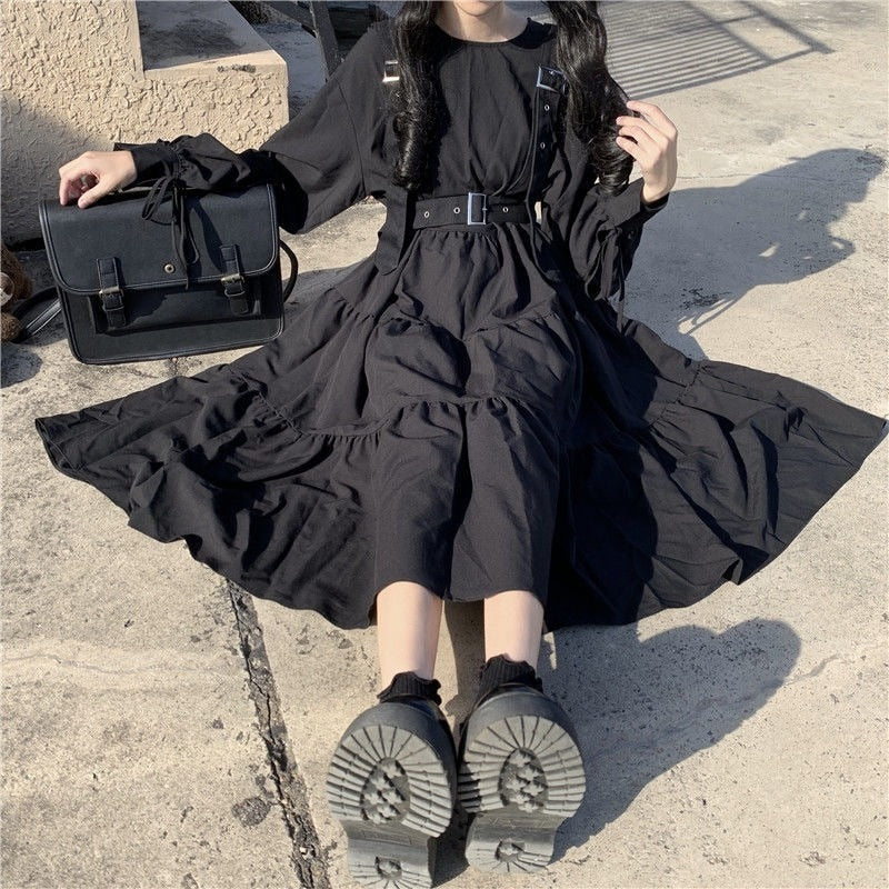 Women Harajuku Gothic Lolita Goth Kawaii Dress Punk Cute Long Sleeve Black Midi Dress