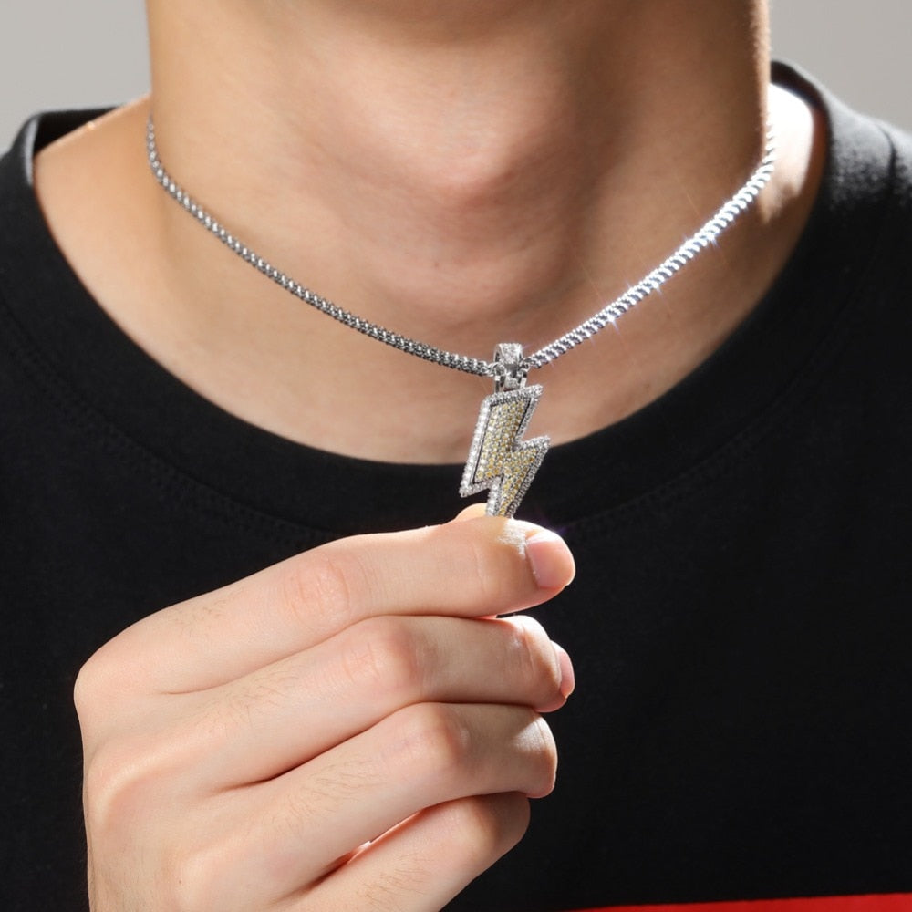 Iced Out Bling Lightning Pendants With Tennis Chain Copper Material Men&
