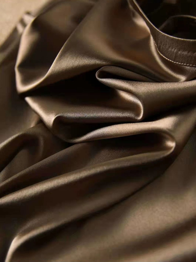 Silk Thin Short Sleeve Tees Style Slip Woman Summer Clothes Brown Tops Solid Loose Casual