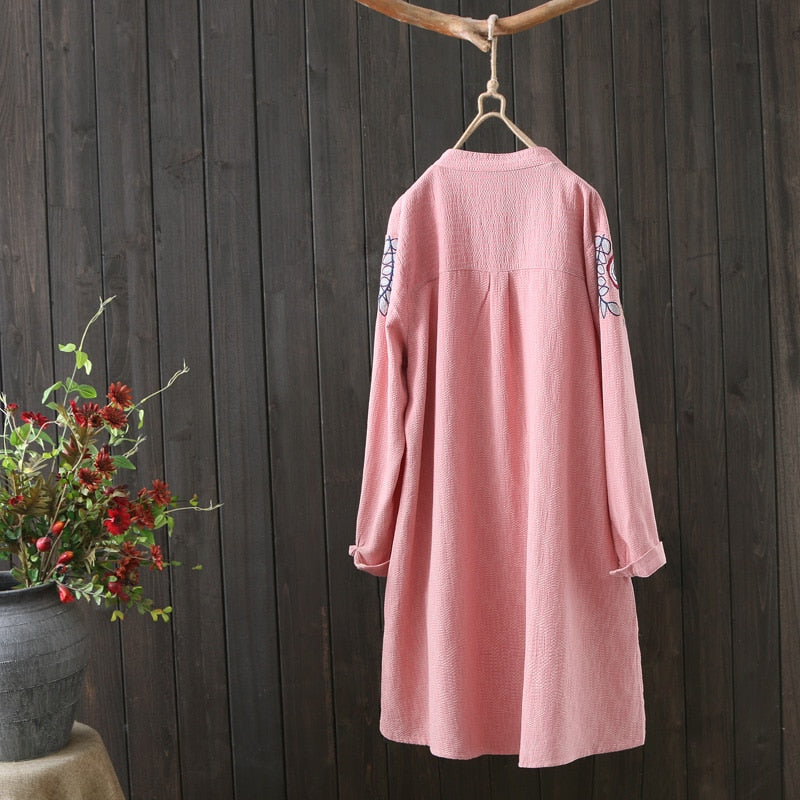 Women White Shirt 100% Cotton Embroidery Long Sleeve Button Up Blouse Loose Office Top