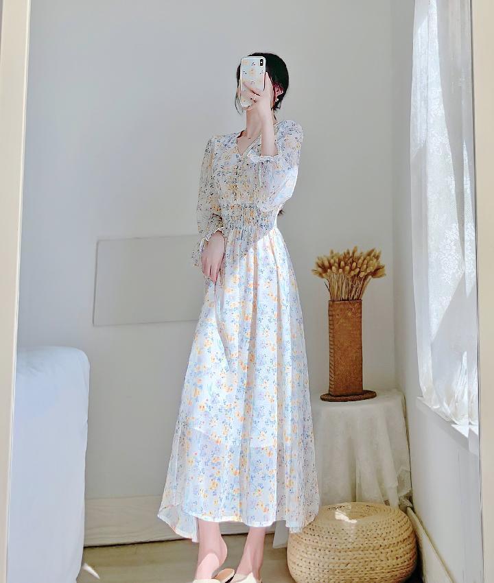 V-neck Chiffon Floral Dress Women Spring Summer Fairy Long Dresses Female