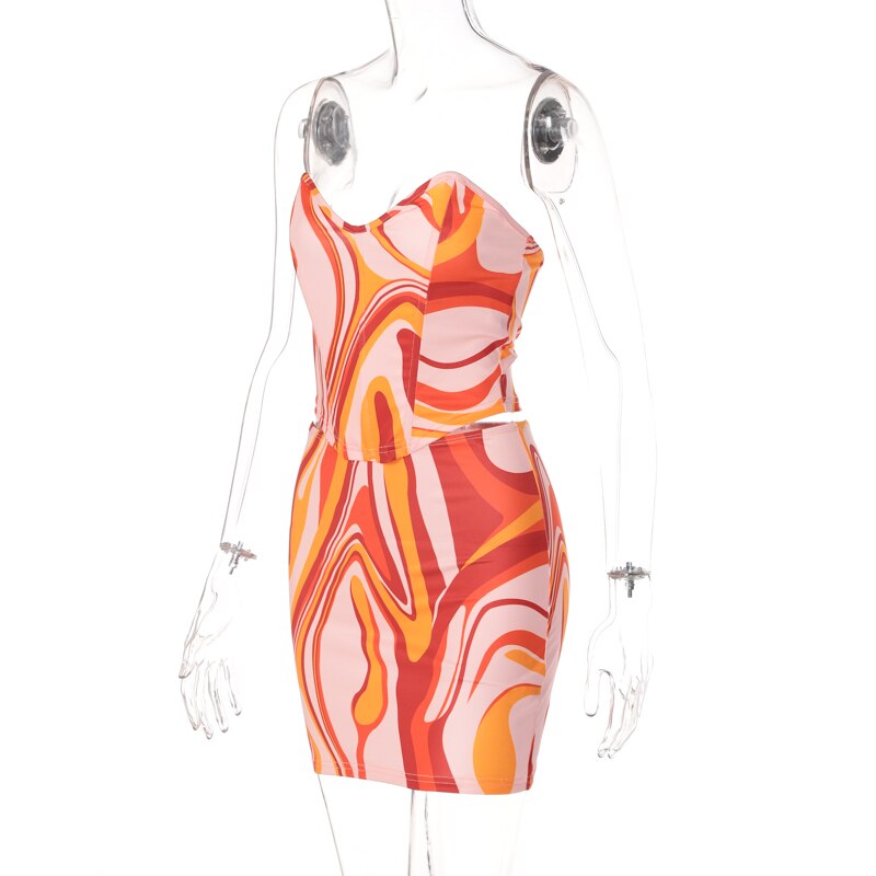Print Off Shoulder Sleeveless Colorful Crop Top Mini Dress 2 Pieces Suit