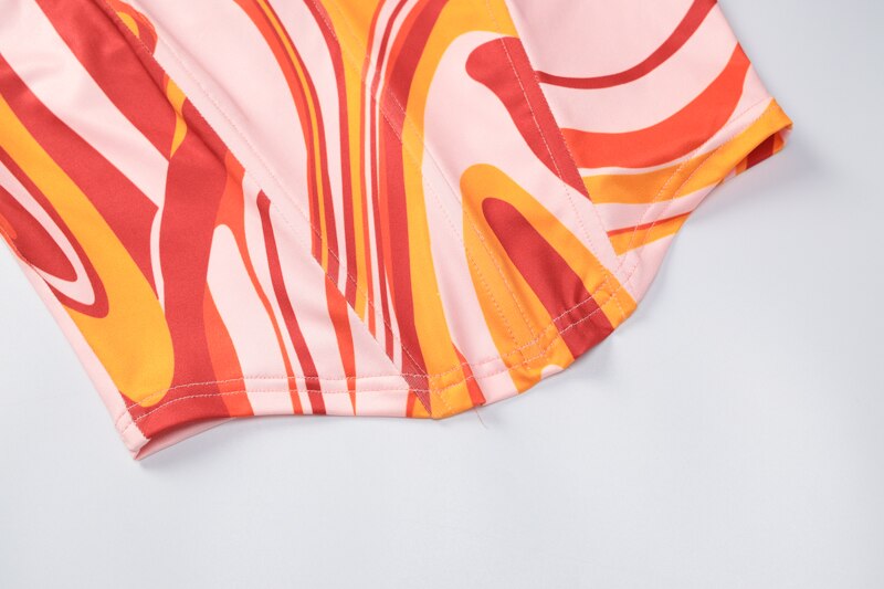 Print Off Shoulder Sleeveless Colorful Crop Top Mini Dress 2 Pieces Suit