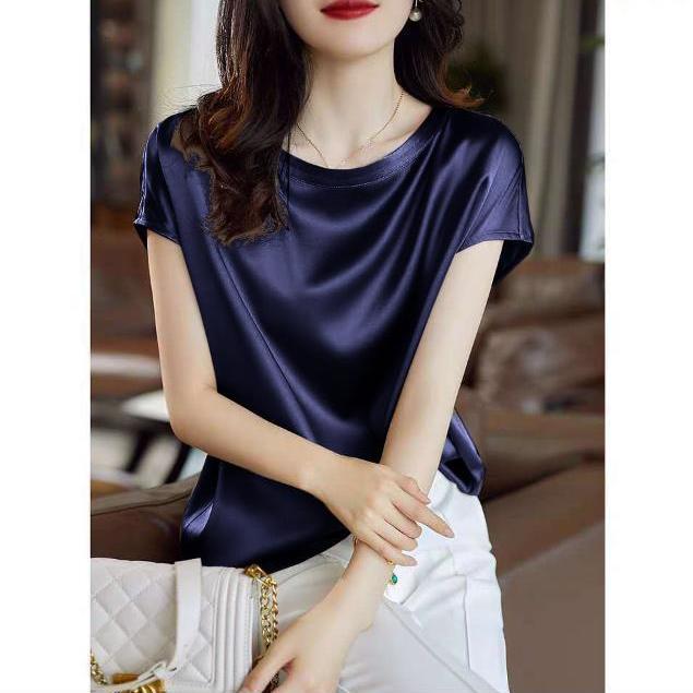 Silk Thin Short Sleeve Tees Style Slip Woman Summer Clothes Brown Tops Solid Loose Casual