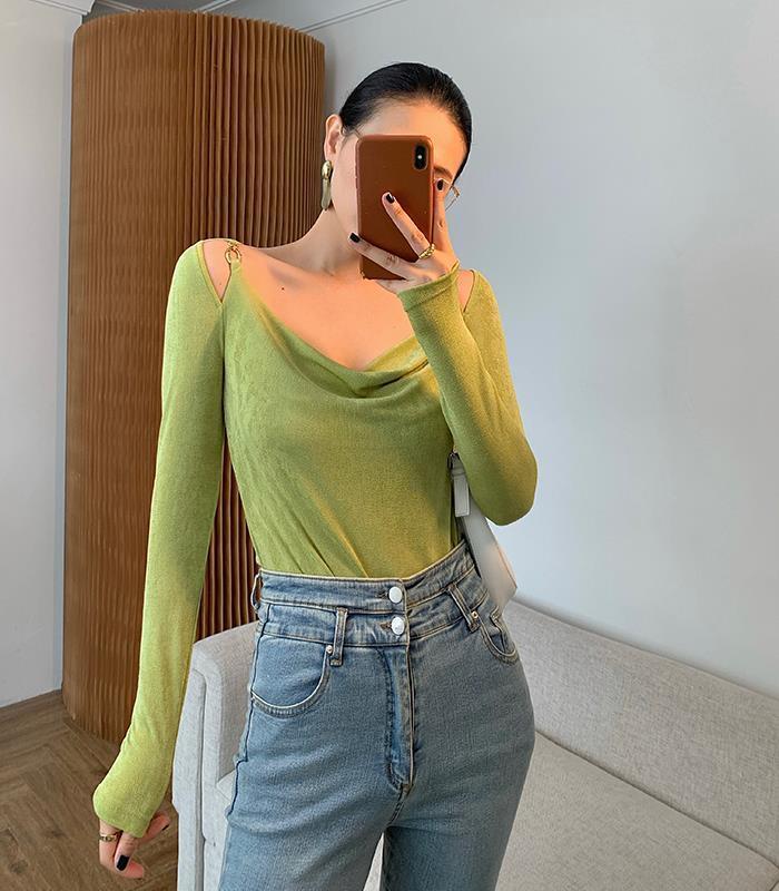 Sexy Swing Collar Cropped Tops Women Autumn Metal Design Skinny Long Sleeve T-Shirt Outwear