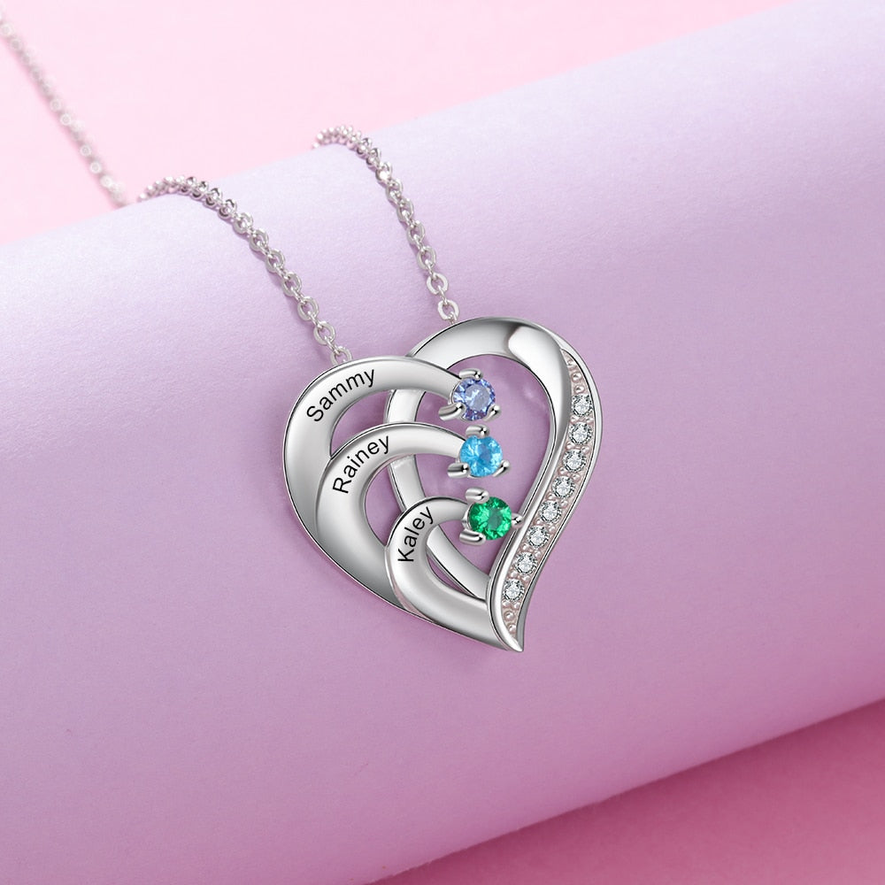 Family Name Heart Necklaces for Women Birthstone Engraving Necklace