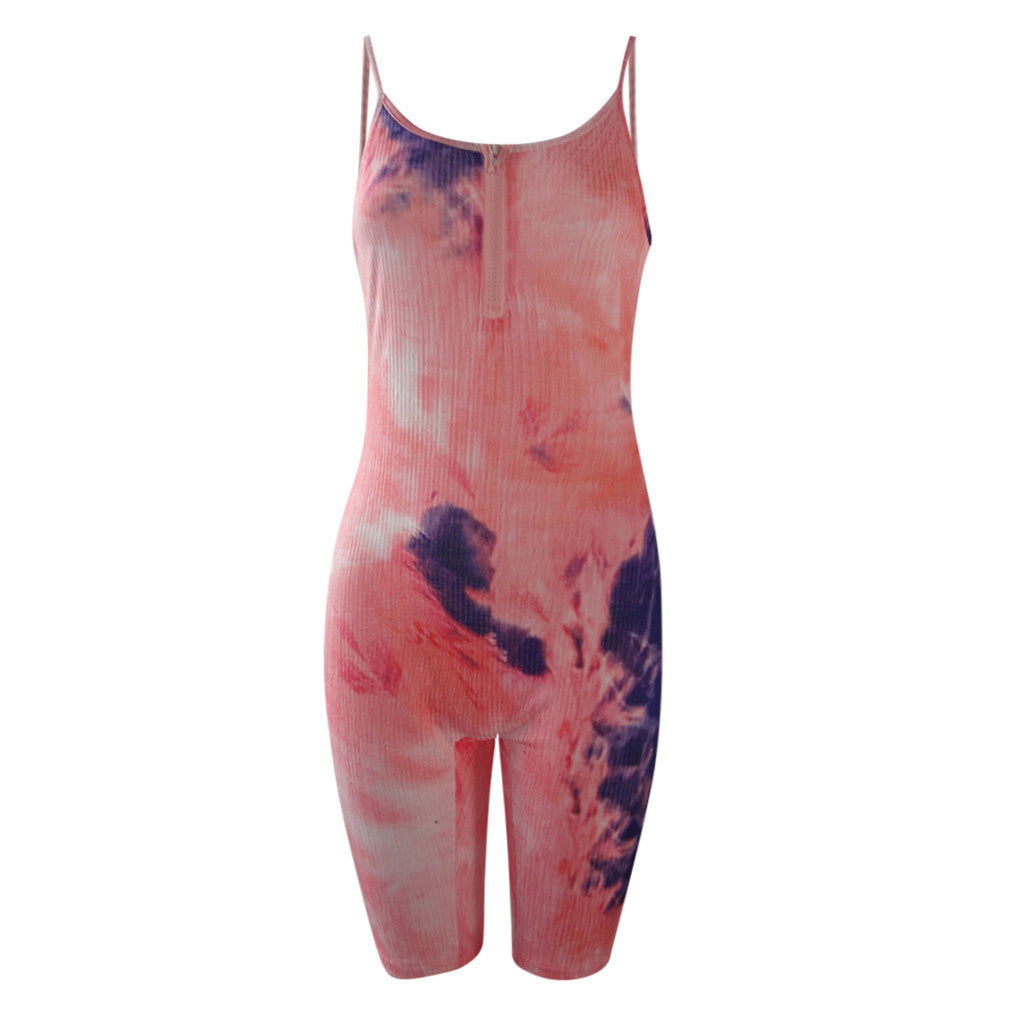 Romper Shorts Playsuit Womens Sleeveless Slim Tie-Dye Bodycon Sports Shorts Jumpsuit