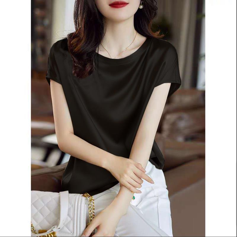 Silk Thin Short Sleeve Tees Style Slip Woman Summer Clothes Brown Tops Solid Loose Casual