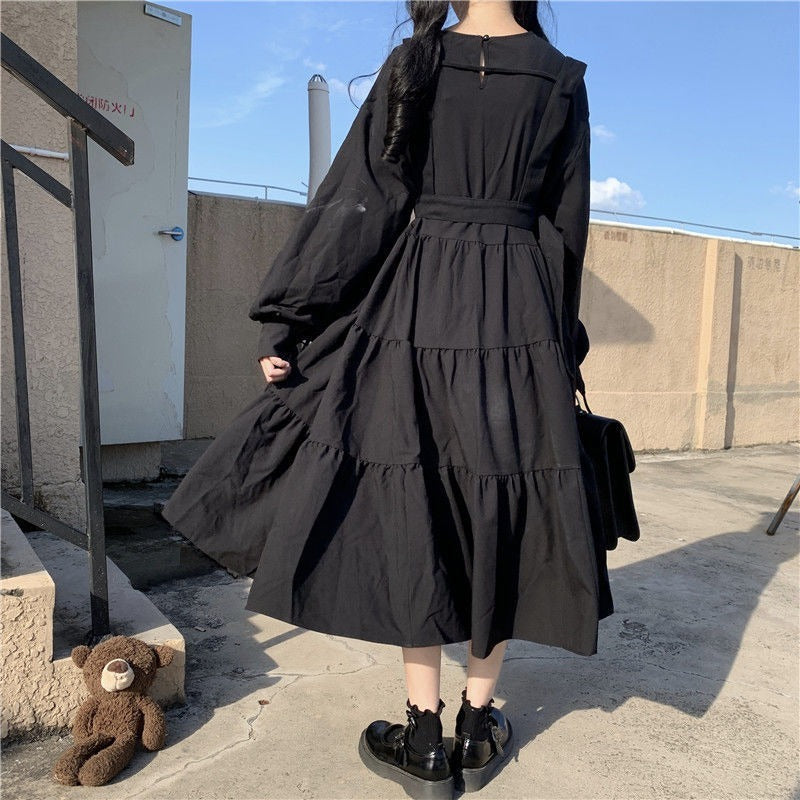 Women Harajuku Gothic Lolita Goth Kawaii Dress Punk Cute Long Sleeve Black Midi Dress