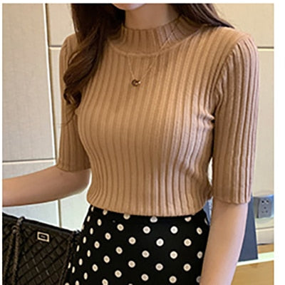 Knitted T Shirt Women Short Sleeve Basic Woman T-shirt Femme Elasticity Poleras