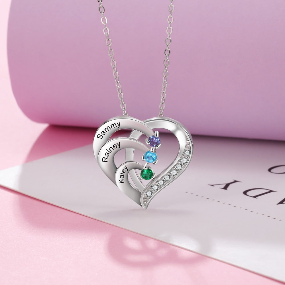 Family Name Heart Necklaces for Women Birthstone Engraving Necklace