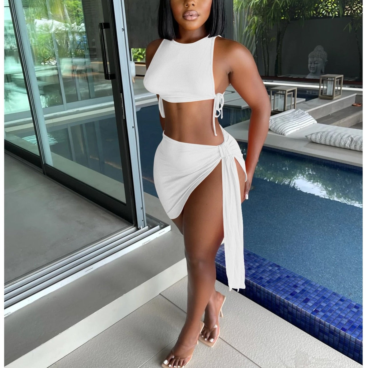 Knitted Ribbed Two Piece Set Bandage Crop Top Bodycon Mini Skirts Beachwear Outfits Summer