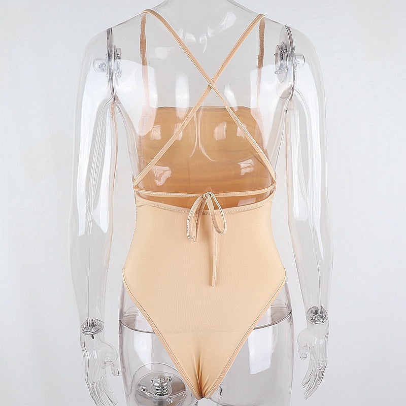 Sleeveless Chic Fashion Mesh Ruched Halter Bodysuit Women Female Tie Up Backless Body Suit