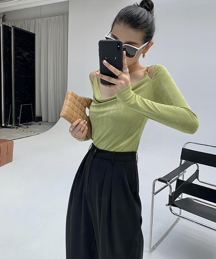 Sexy Swing Collar Cropped Tops Women Autumn Metal Design Skinny Long Sleeve T-Shirt Outwear