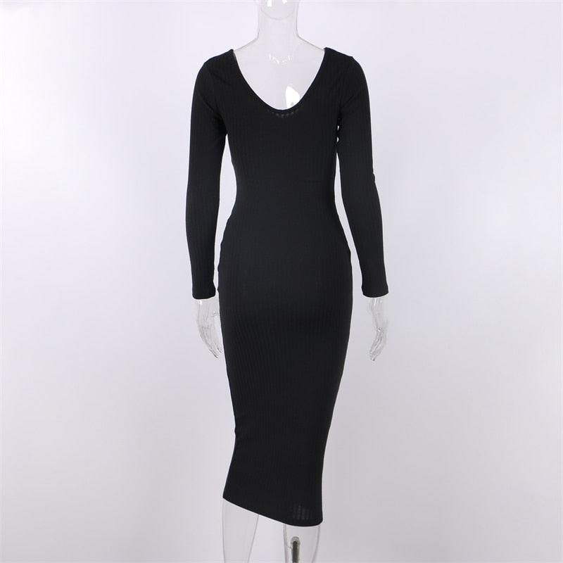 Sexy Bodycon Midi Woman Dress Knitted Long Sleeve V Neck Party Elegant Robe Women&