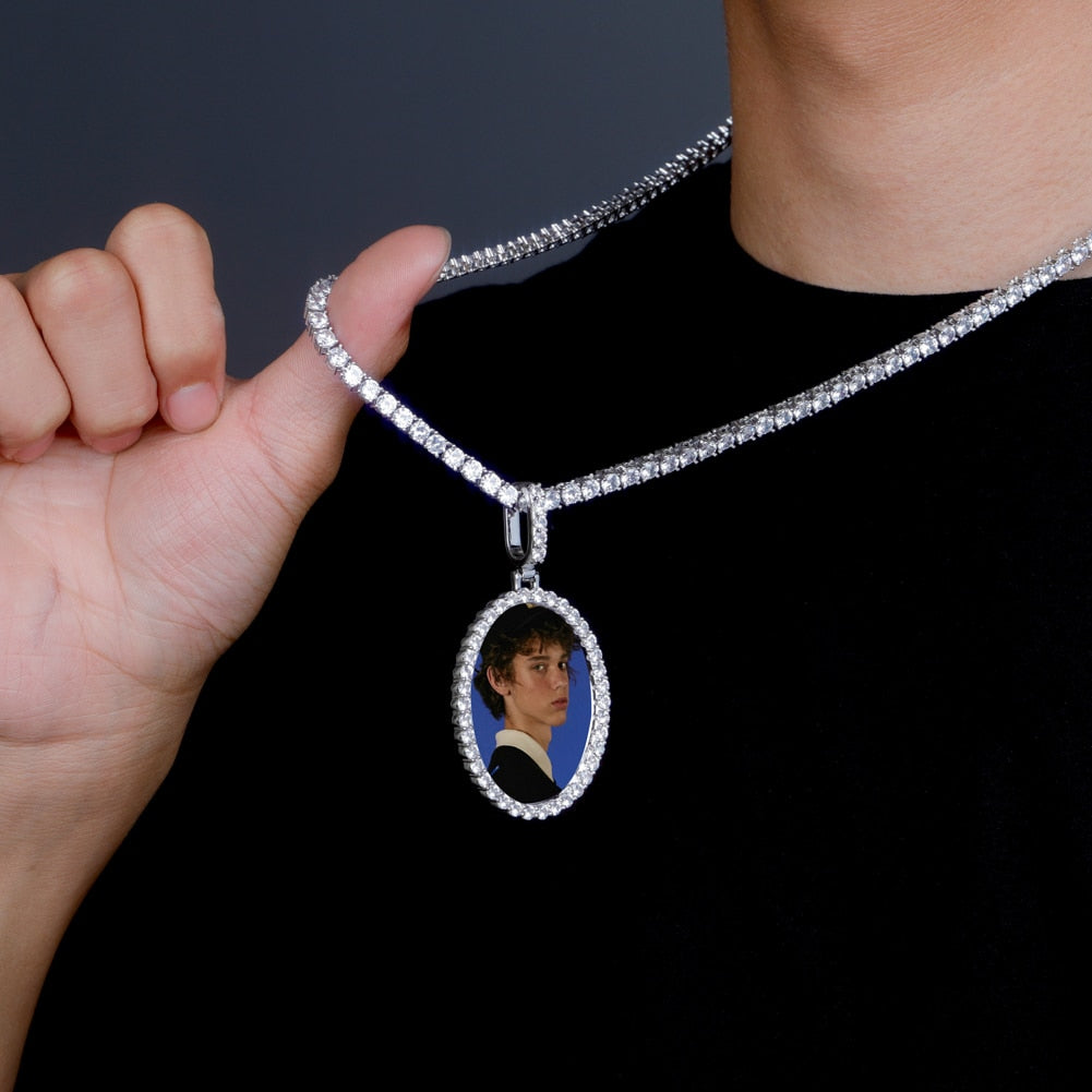 Custom Photo Pendant Oval Medal Pendant Ice Zircon Pendant Necklace Fashion Hip Hop Jewelry