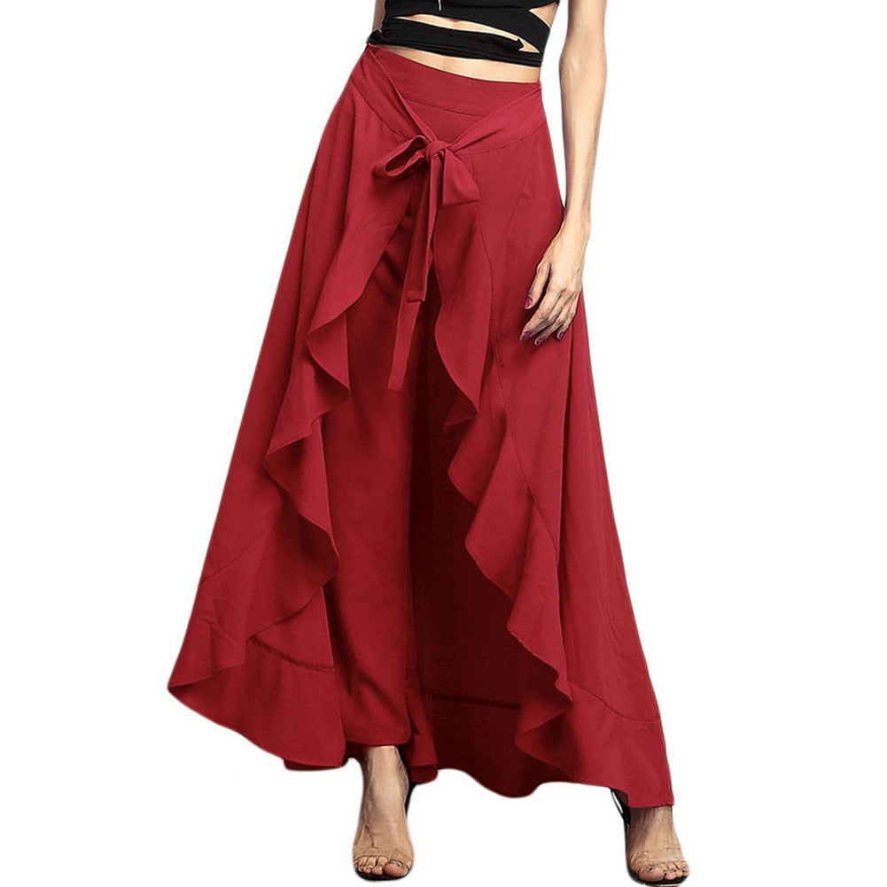 Women Pants Causal Ruffle Drawstring TrouserHigh Waist Loose Dancing Outfits Palazzo Skirt