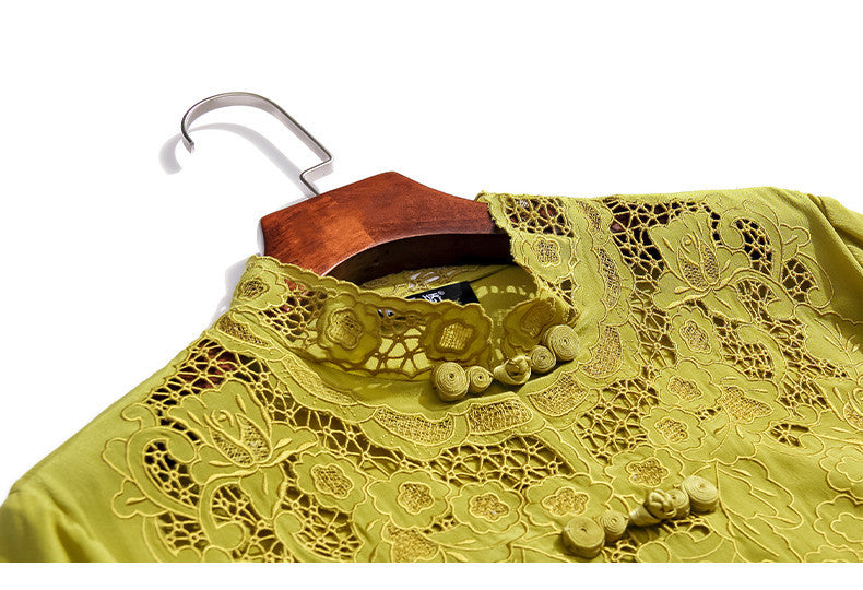 Embroidery Hollow Blouse Women Long Sleeve Imitation Silk Top Loose Vintage Shirt Plus Size