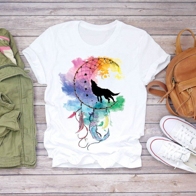 Dream Feather Print Summer Short Sleeve T-Shirts Top Graphic Plue Size