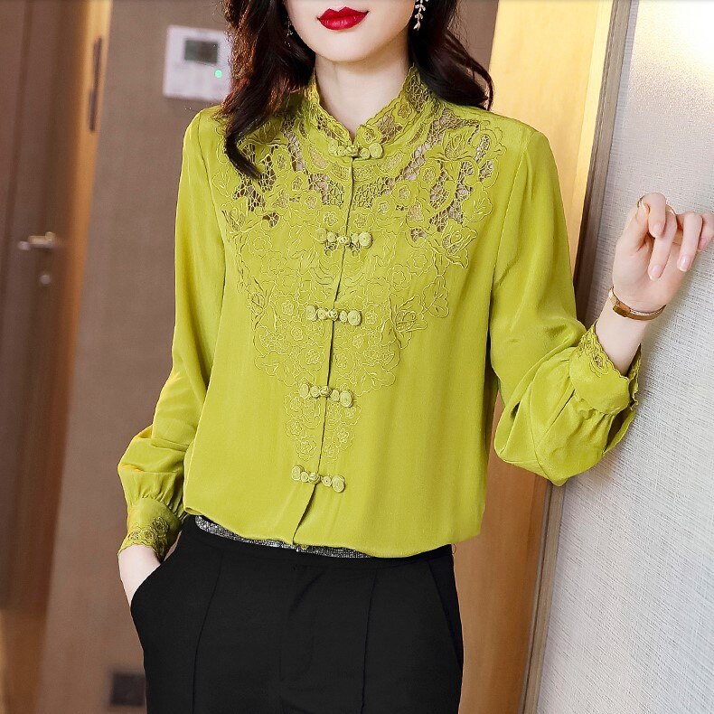 Embroidery Hollow Blouse Women Long Sleeve Imitation Silk Top Loose Vintage Shirt Plus Size