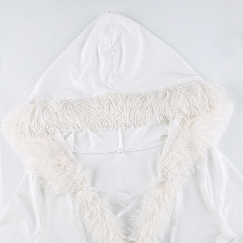 Furry White Bodycon Mini Dresses Women Autumn Long Sleeve Hooded V Neck Dress