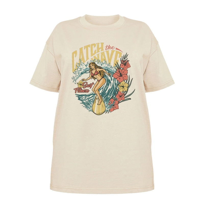 1pcs WHITE Tees Summer Casual Oversized Tee Best Surfing Santa Monica California Womens Retro Style