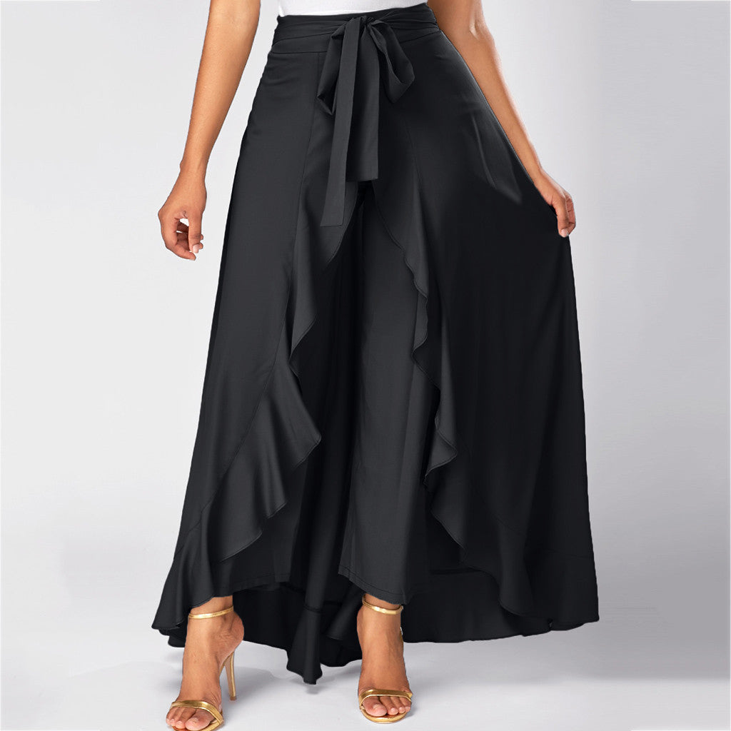 Women Pants Causal Ruffle Drawstring TrouserHigh Waist Loose Dancing Outfits Palazzo Skirt
