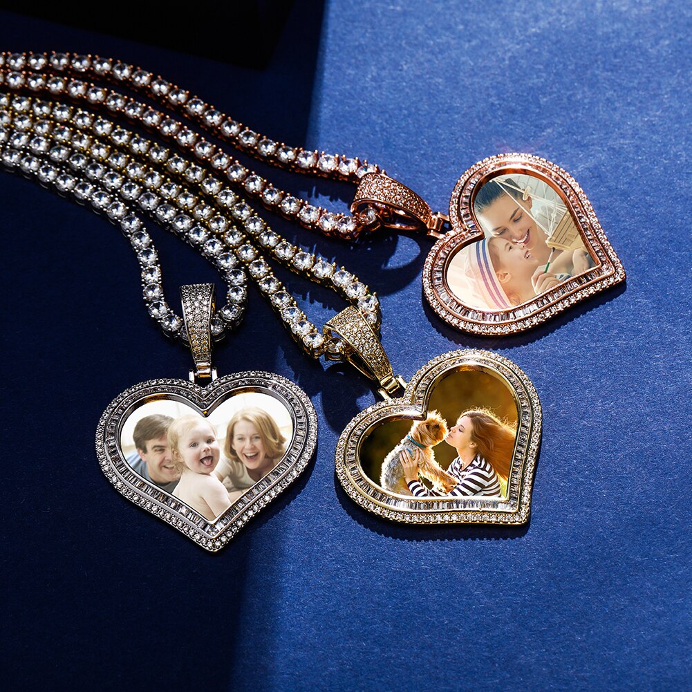 Custom Photo Pendant Heart-shaped Medal Necklace Iced Cubic Zirconia Pendant Hip Hop Jewelry