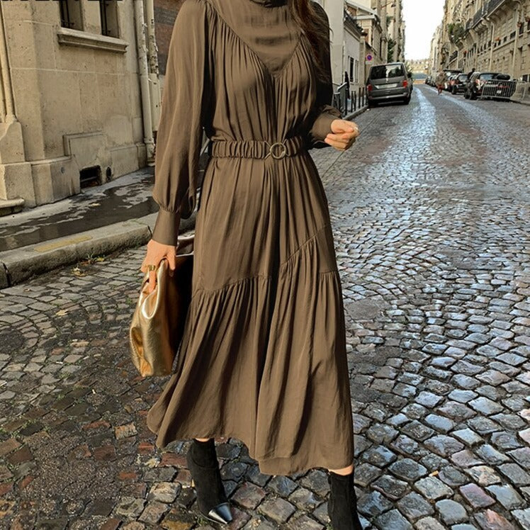 Mid-Long Loose Dress Female Vintage Turtleneck Spring Dress Vestidos Femme Robe