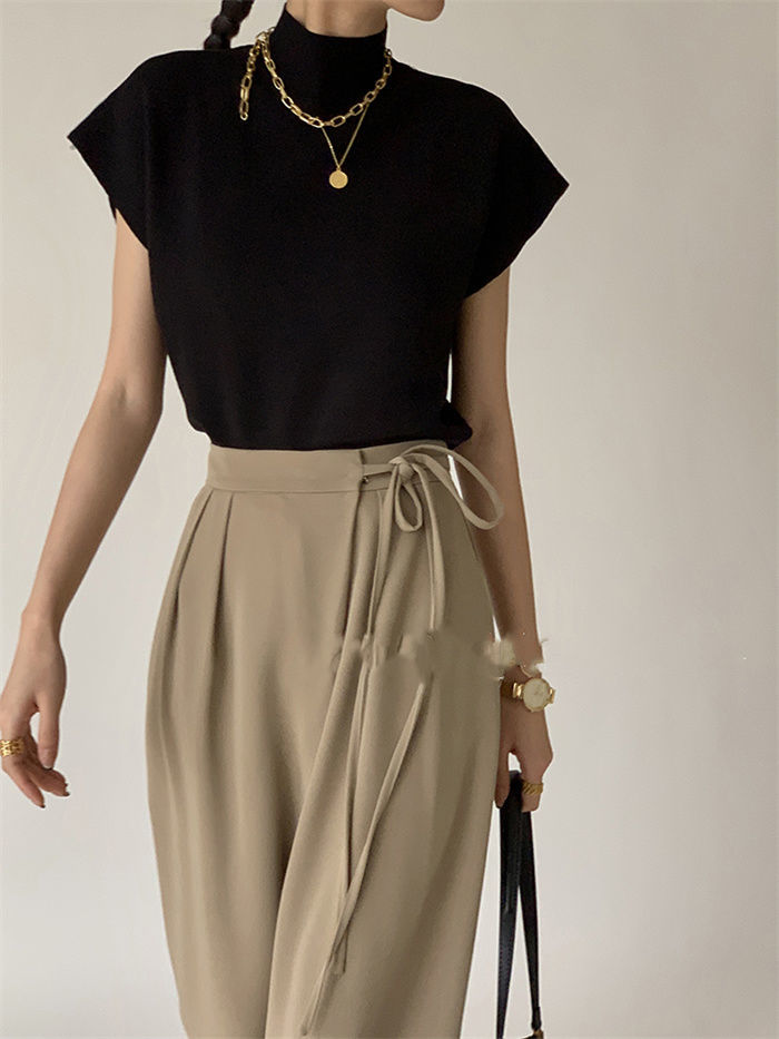 French Turtleneck Knitted Women Spring Summer Design Loose Short Sleeve Cropped Tops Female