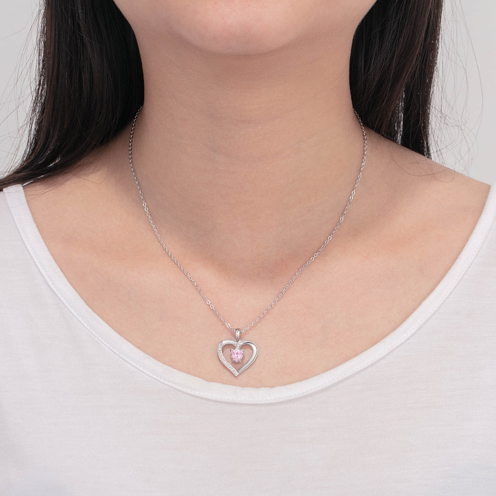 Engrave Name Heart Pendants with Customize Birthstone Necklace