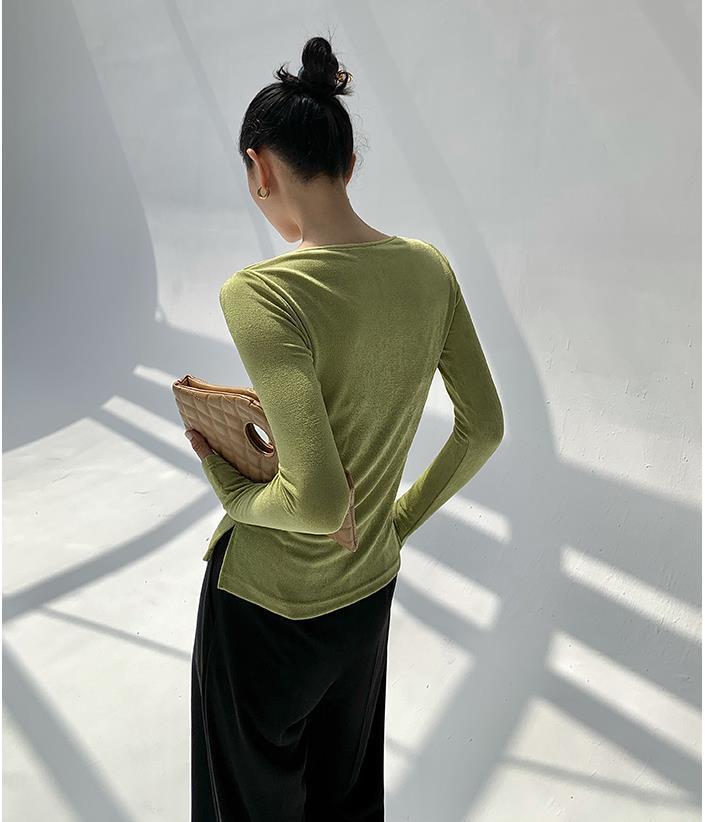 Sexy Swing Collar Cropped Tops Women Autumn Metal Design Skinny Long Sleeve T-Shirt Outwear