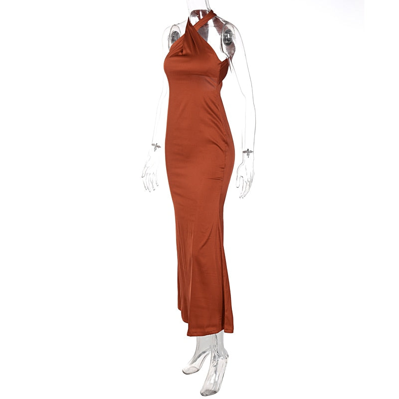 Solid Satin Halter Sleeveless Slim Bodycon Maxi Dress