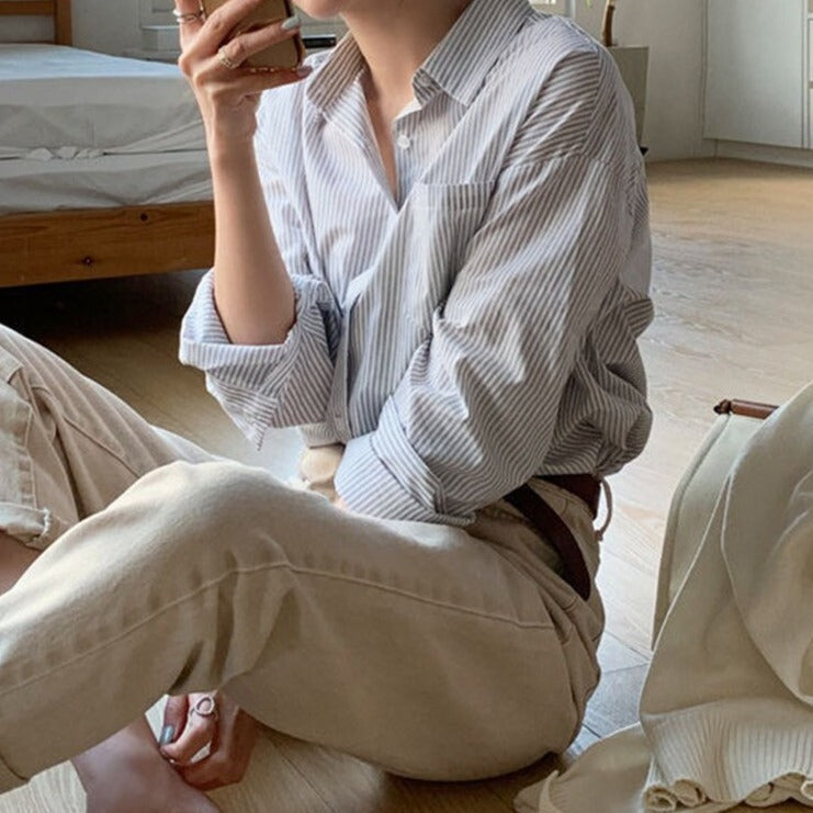 Striped Blouses Turn-down Collar Long Sleeve Loose Female Shirts Casual Tops