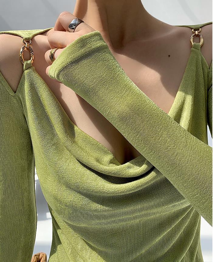 Sexy Swing Collar Cropped Tops Women Autumn Metal Design Skinny Long Sleeve T-Shirt Outwear