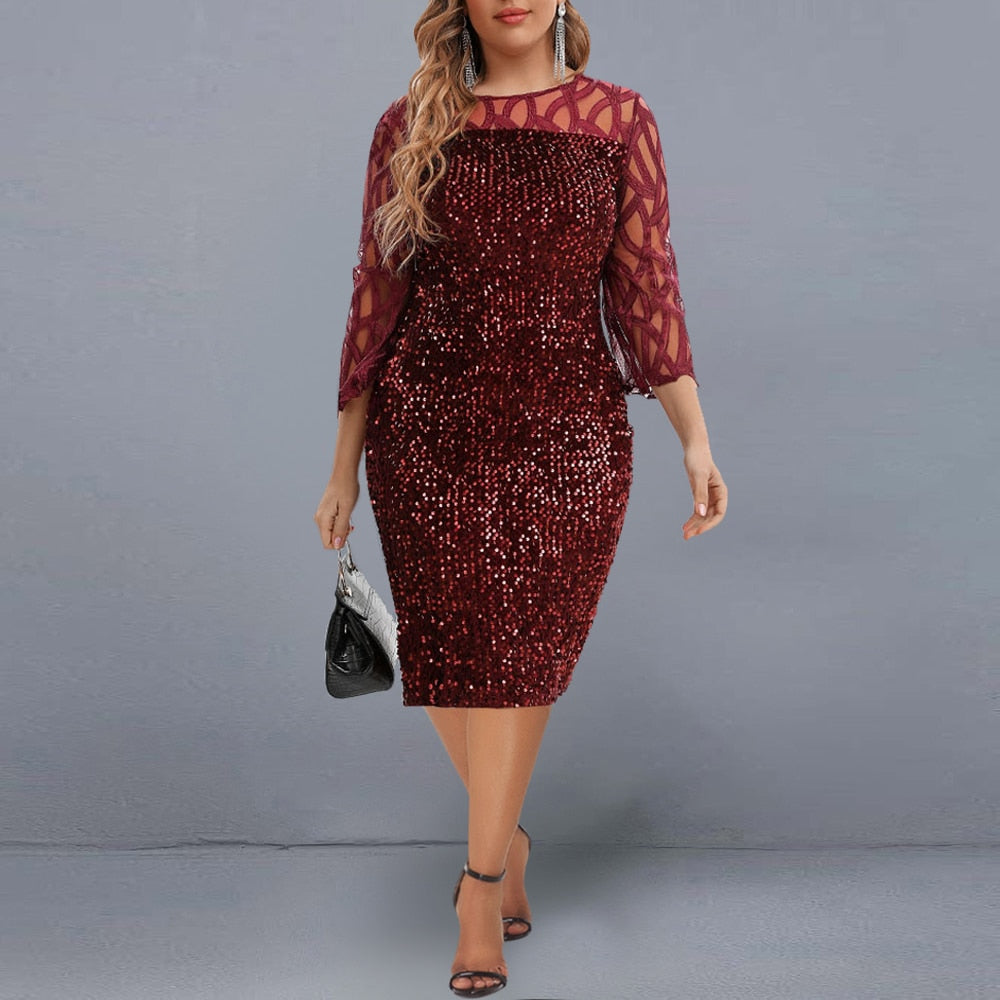 Elegant Sequin Evening Party Dresses 2022 Spring Mesh Patchwork Casual Midi Dress