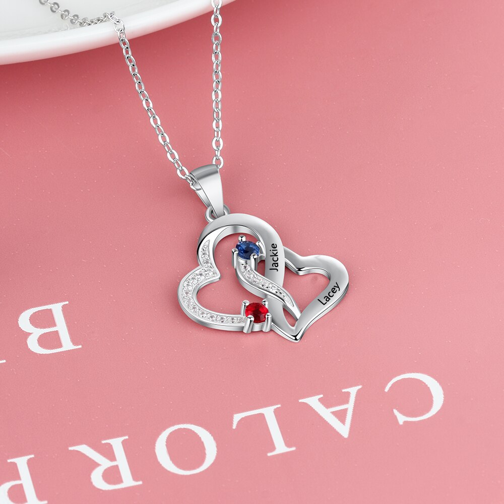 Customized 2 Birthstones Intertwined Heart Necklace Wedding Jewelry