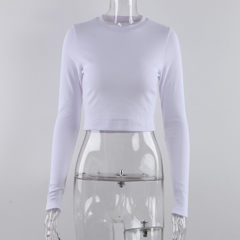 O Neck Long Sleeve Shirt Women Ribbed Sexy Cropped Tops Casual Skinny T Shirts White