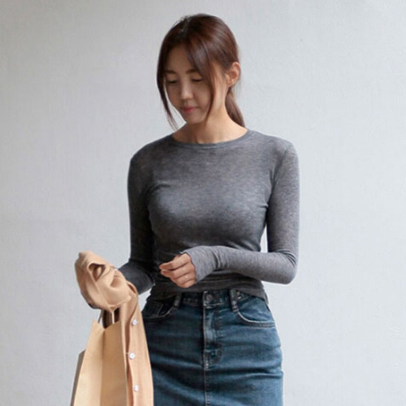 Slim T Shirt Women Cotton T-shirts Female Casual Tops Long Sleeve Sexy Thin T-shirt see through