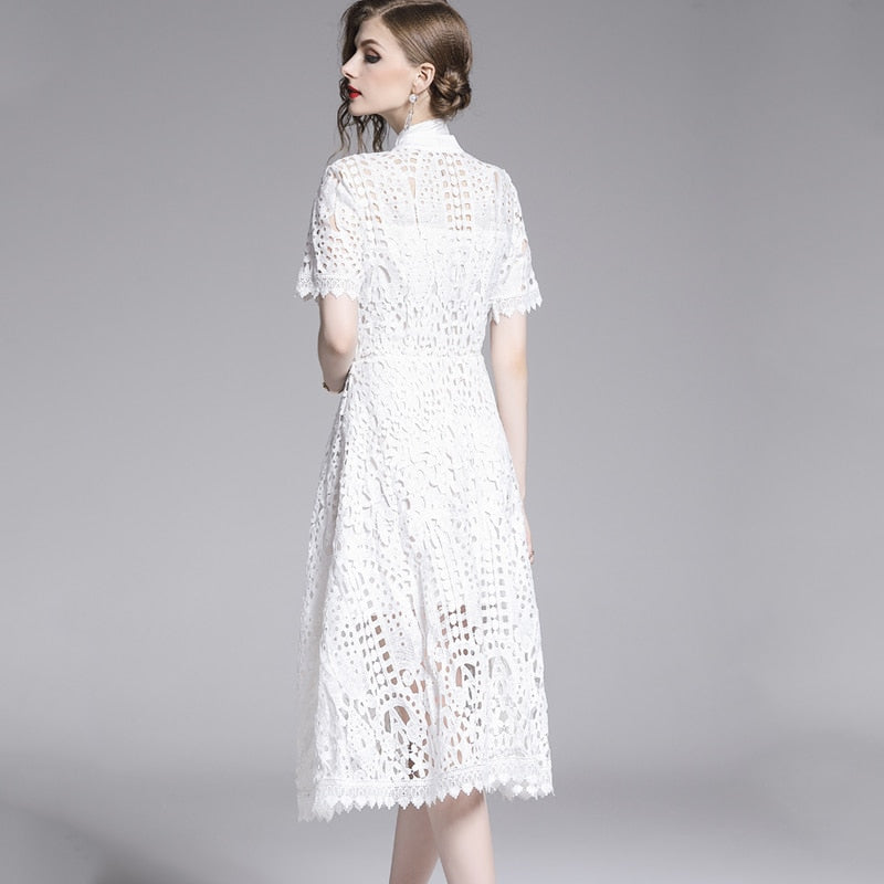 Lace Hollow Out Stand Collar Short Sleeve Dress High Waist Mid-calf Dress