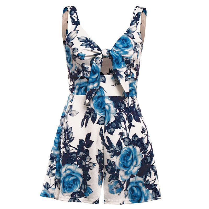 Female Sexy Playsuit print sexy V-neck short jumpsuit women loose casual beach romper