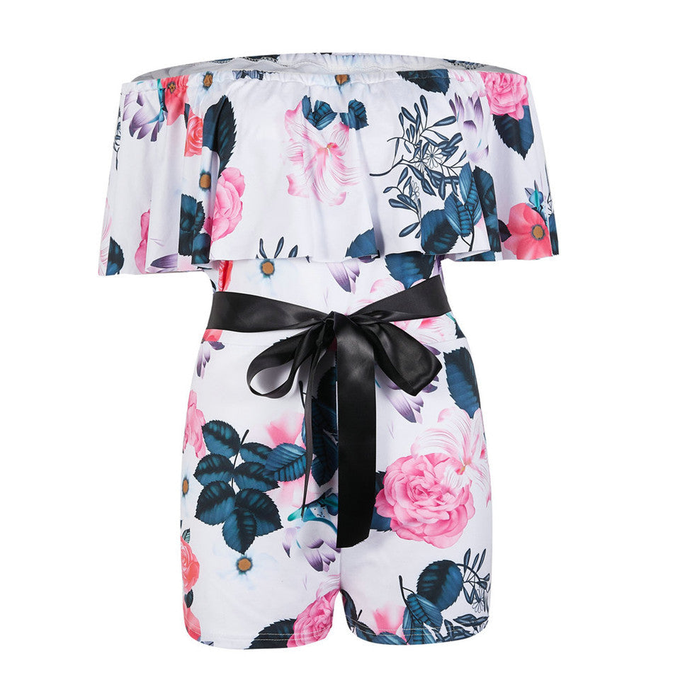 Women Streetwear Patchwork Design Belt Decor One Neck Off Shoulder Short Sleeve Jumpsuits