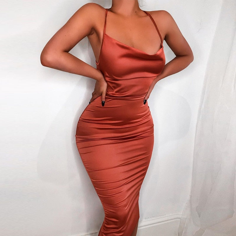 neon satin lace up 2022 summer women bodycon long midi dress sleeveless backless elegant party